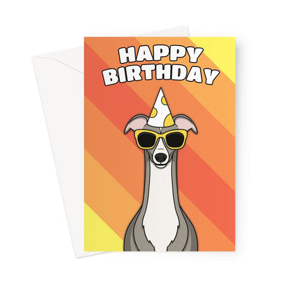 A brightly coloured birthday card featuring a cute illustration of a greyhound dog.