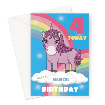 A cute pink unicorn birthday card thay reads, 4 today, have a magical birthday.