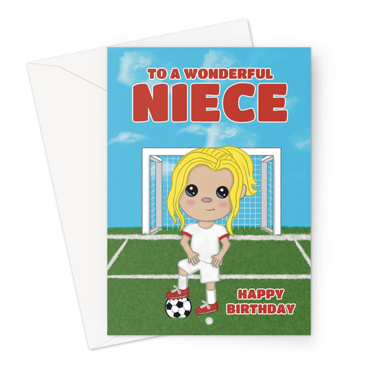 Blonde girl football birthday card for a Niece