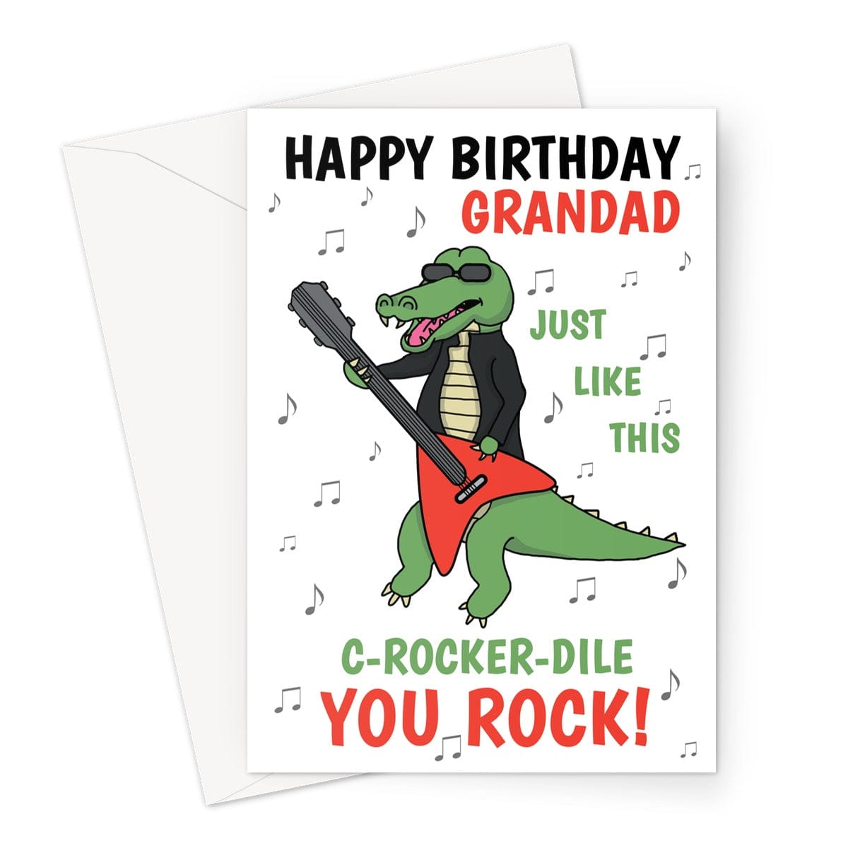 Grandad birthday card with a cartoon crocodile playing a red rock guitar.