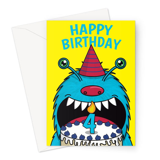 Yellow 4th birthday card with a blue monster eating a birthday cake.