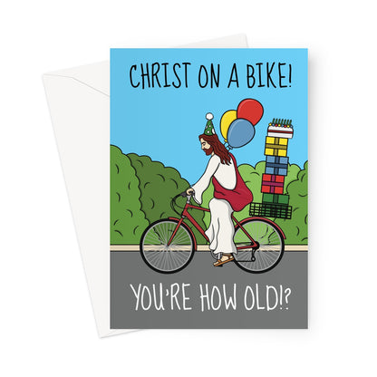 Christ on a bike pun birthday card.