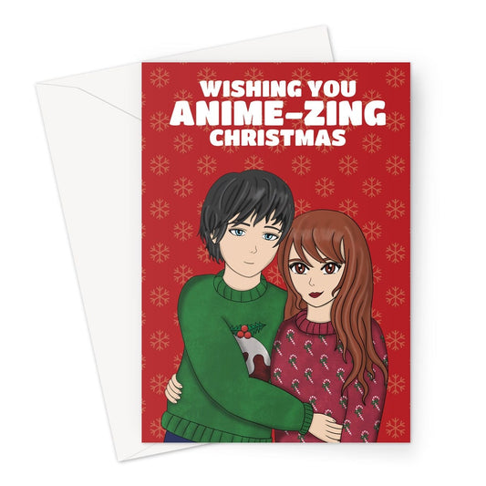 Cute anime couple on a red and snowy Merry Christmas card.