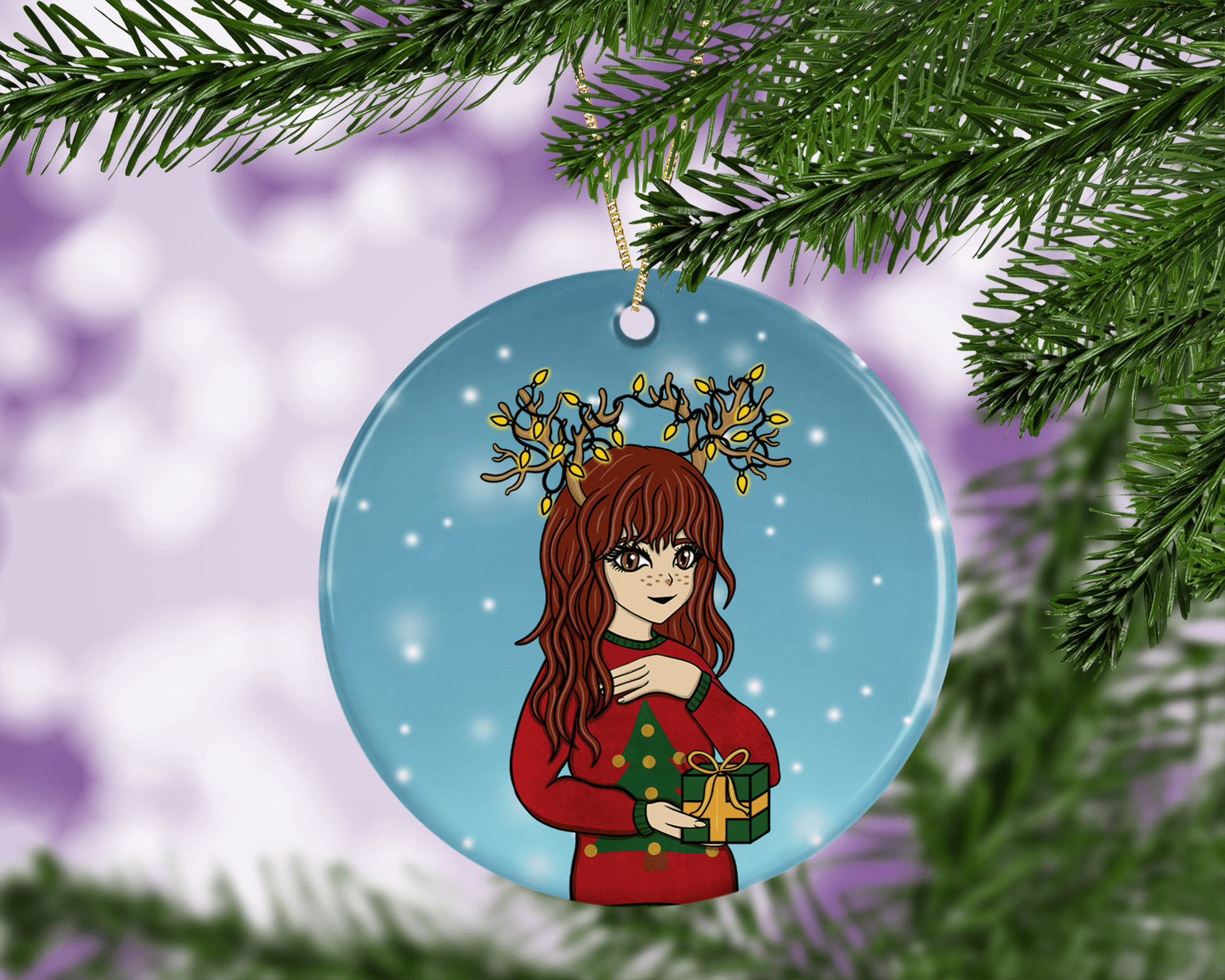 A cute anime girl Christmas bauble. 