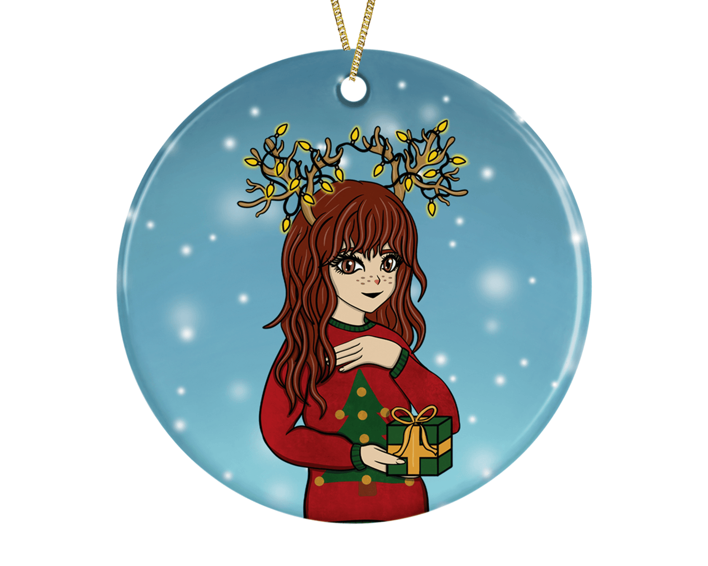 A round ceramic Christmas decoration to hang from a tree. Has a hand drawn illustration of a cute anime girl wearing reindeer antlers and holding a Christmas gift.