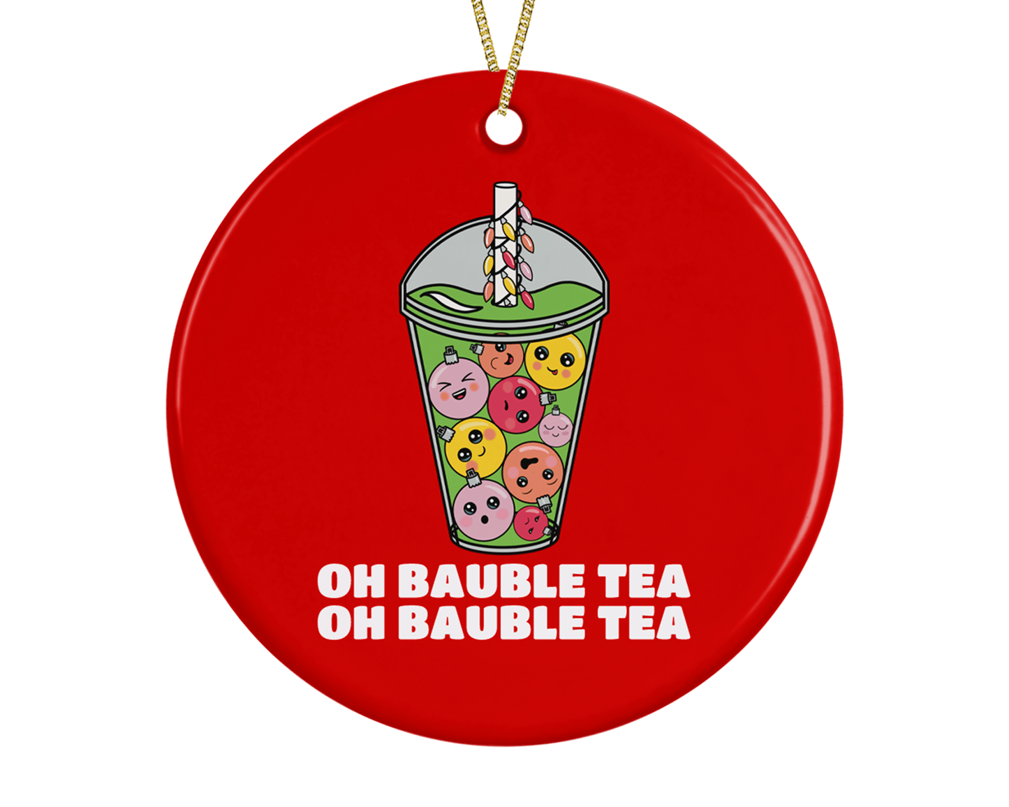 A round ceramic Christmas decoration to hang from a tree. Has a hand drawn illustration of boba bubble tea with baubles instead of tapioca bubbles.