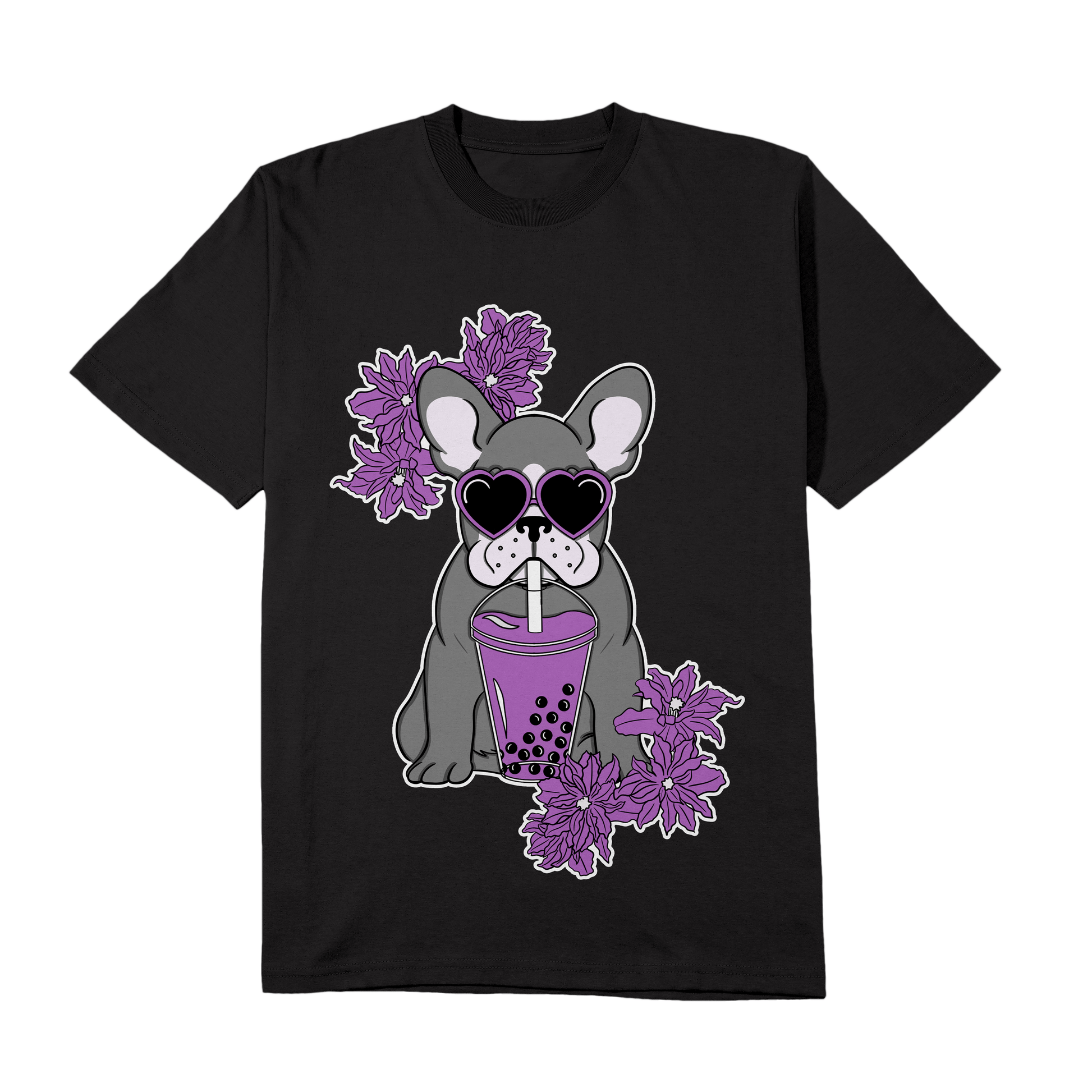 Cute french bulldog t-shirt. Graphic tee of a Frenchie drinking boba bubble tea with purple flowers.