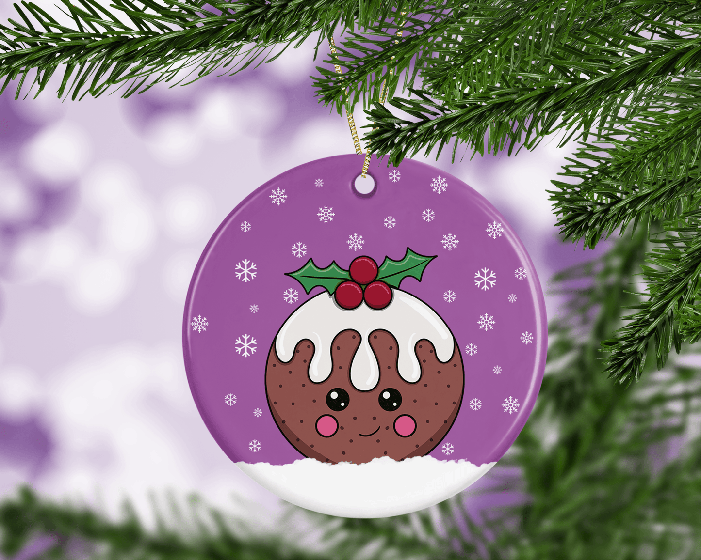 A round ceramic Christmas decoration to hang from a tree. Has a hand drawn illustration of a cute figgy pudding with a purple snowy background.