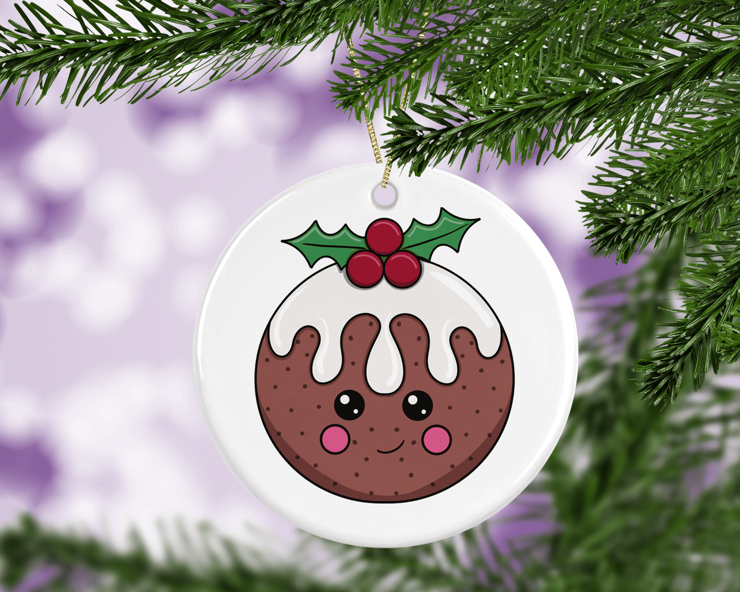 A round ceramic Christmas decoration to hang from a tree. Has a hand drawn illustration of a cute figgy pudding with a white background.