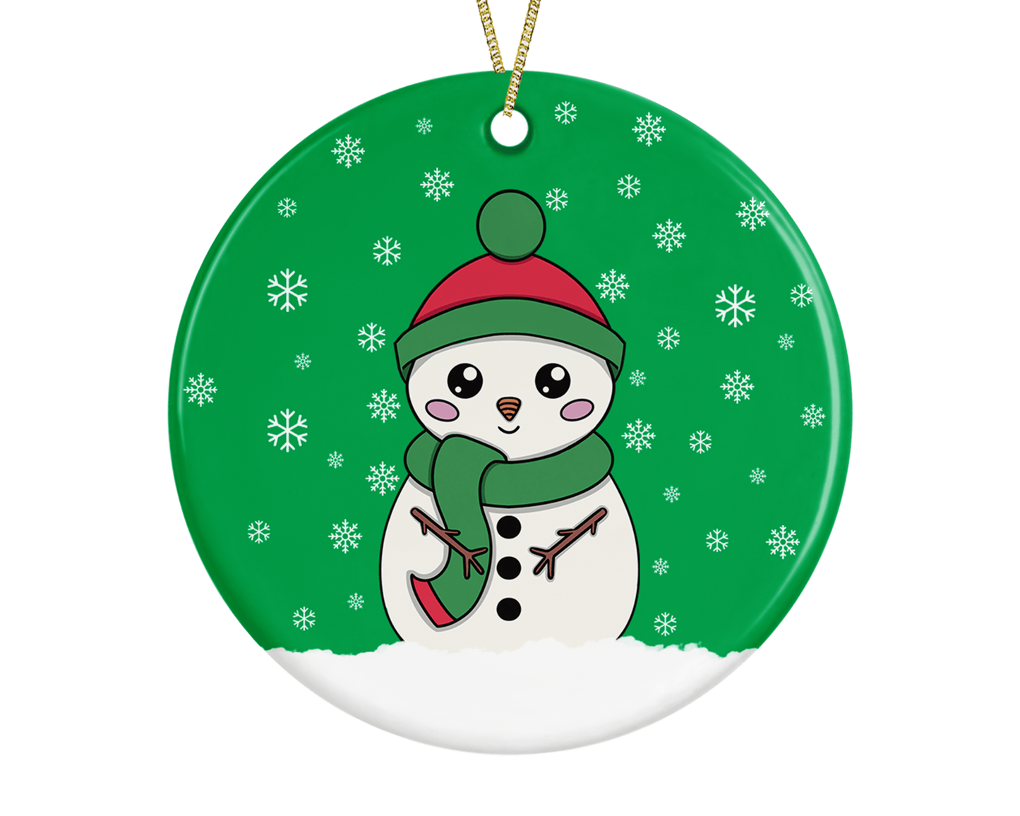 A round ceramic Christmas decoration to hang from a tree. Has a hand drawn illustration of a cute snowman with smiley face and with a green snowy background.