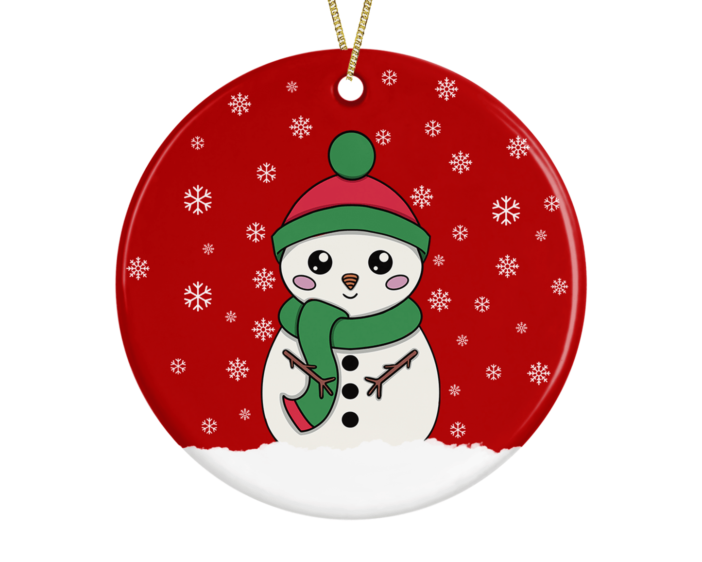 A round ceramic Christmas decoration to hang from a tree. Has a hand drawn illustration of a cute snowman with smiley face and with a red snowy background.