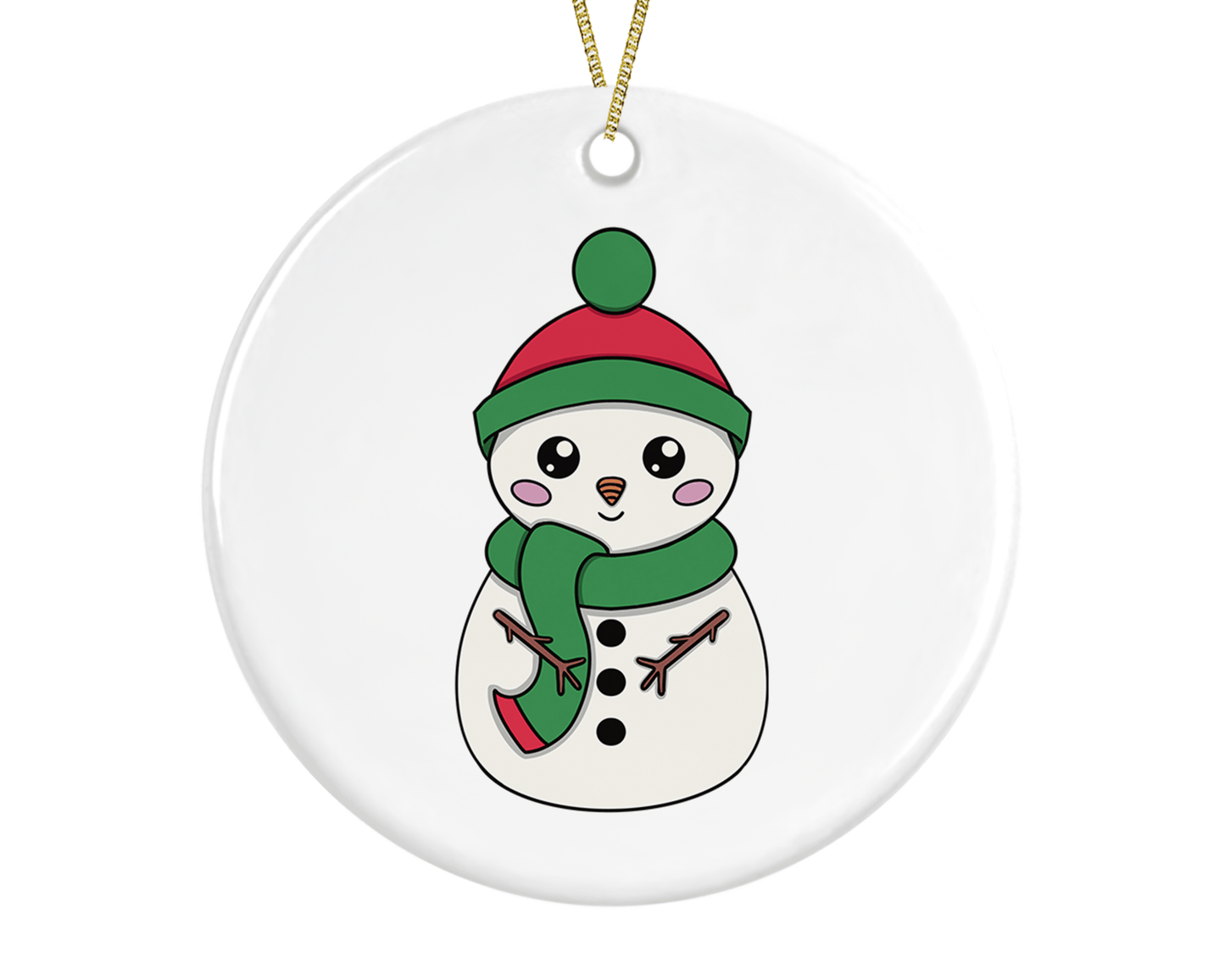 A round ceramic Christmas decoration to hang from a tree. Has a hand drawn illustration of a cute snowman with smiley face and with a plain white background.