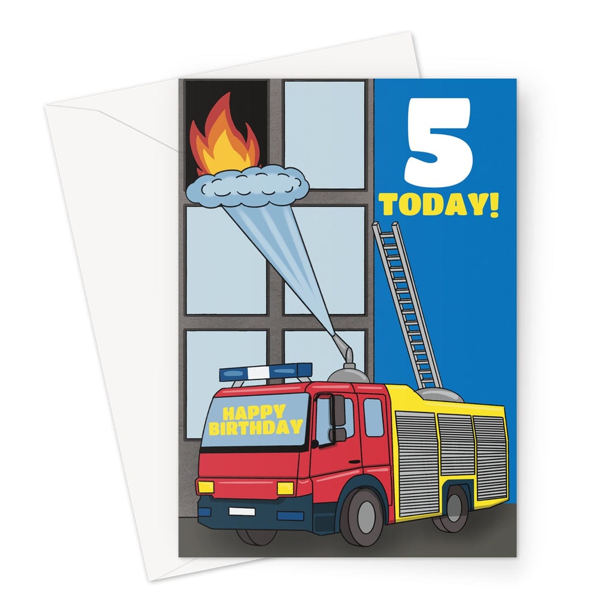 5th birthday card, fire engine themed.