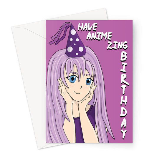 A purple anime style girl birthday card.