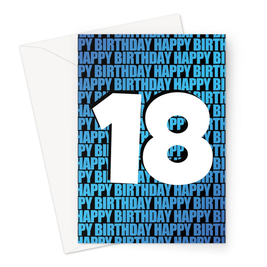 A large 18th Birthday card. Happy Birthday written in blue in the background with a large white 18 in the middle.