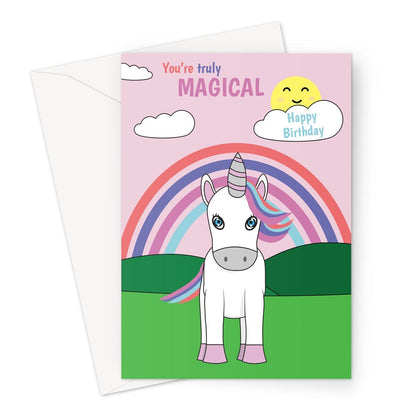 Cartoon unicorn and rainbow birthday card for a girl.