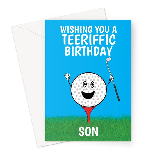 Funny golf ball birthday card for a son.