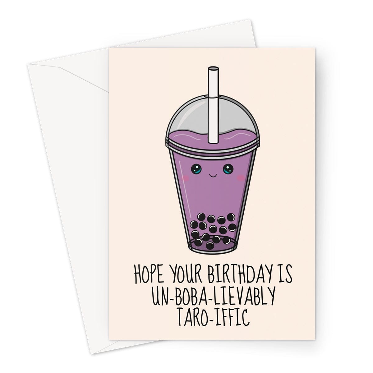 A taro boba bubble tea birthday card in a kawaii style.