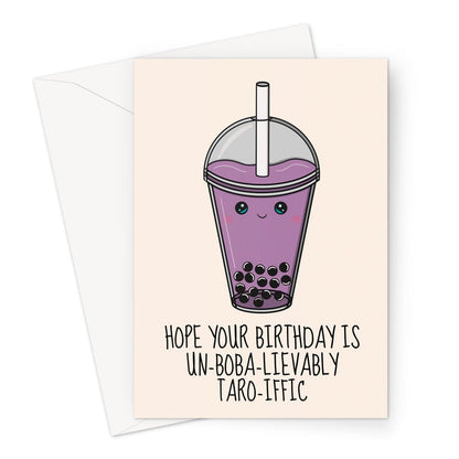 A taro boba bubble tea birthday card in a kawaii style.