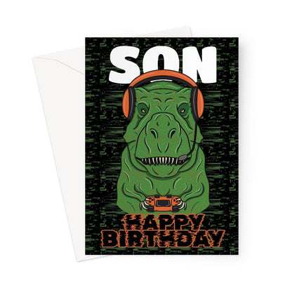 Gamer Son birthday card, T-rex Dinosaur.
