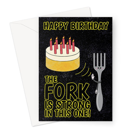 Funny fork levitating a birthday cake using the force birthday card.