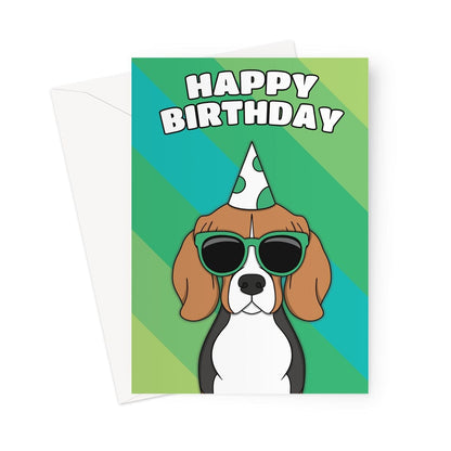 A playful and colourful birthday card featuring an adorable beagle dog wearing a party hat 