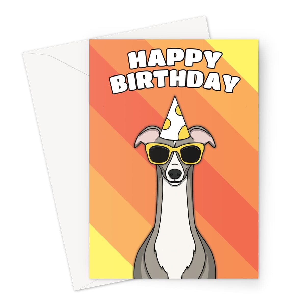 A brightly coloured birthday card featuring a cute illustration of a greyhound dog.