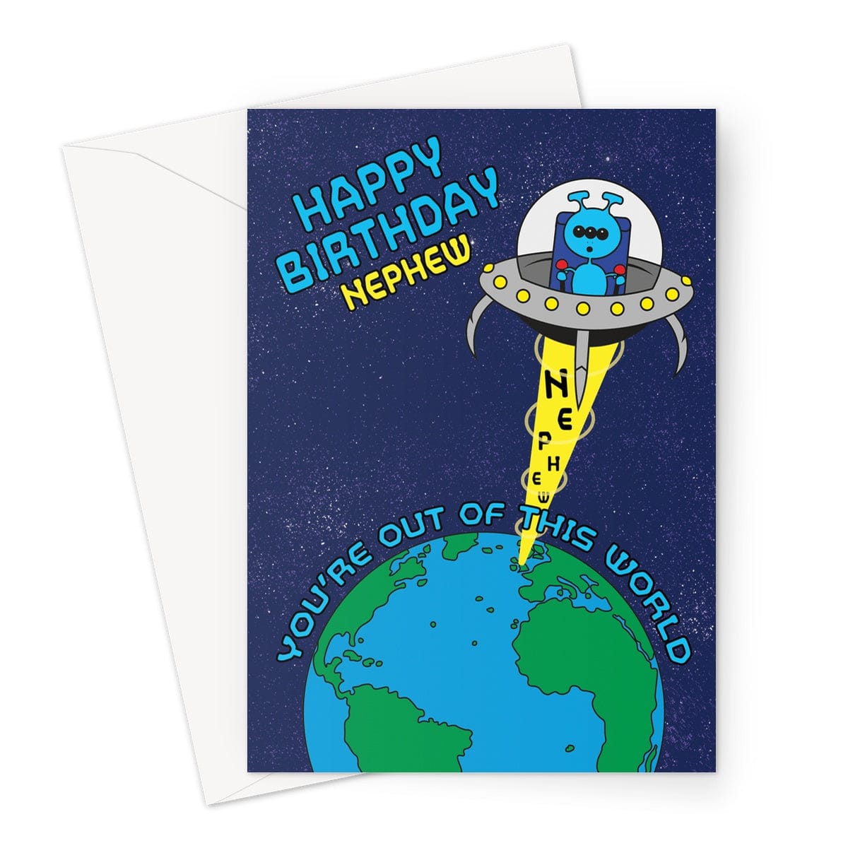 A Alien themed birthday card for a Nephew. The card features a blue alien in a UFO.