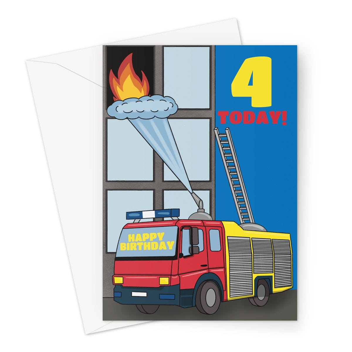 4 today fire engine birthday card.