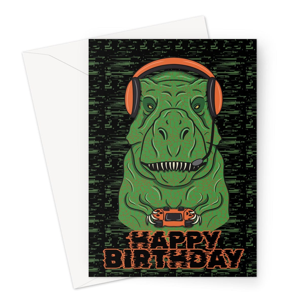 A funny dinosaur birthday card for a video gamer.