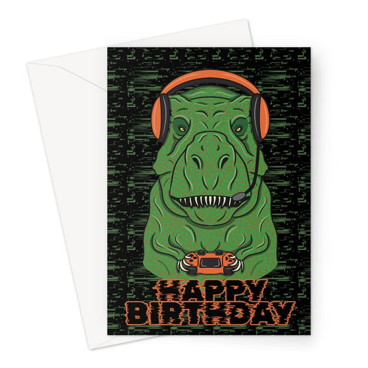 A funny dinosaur birthday card for a video gamer.