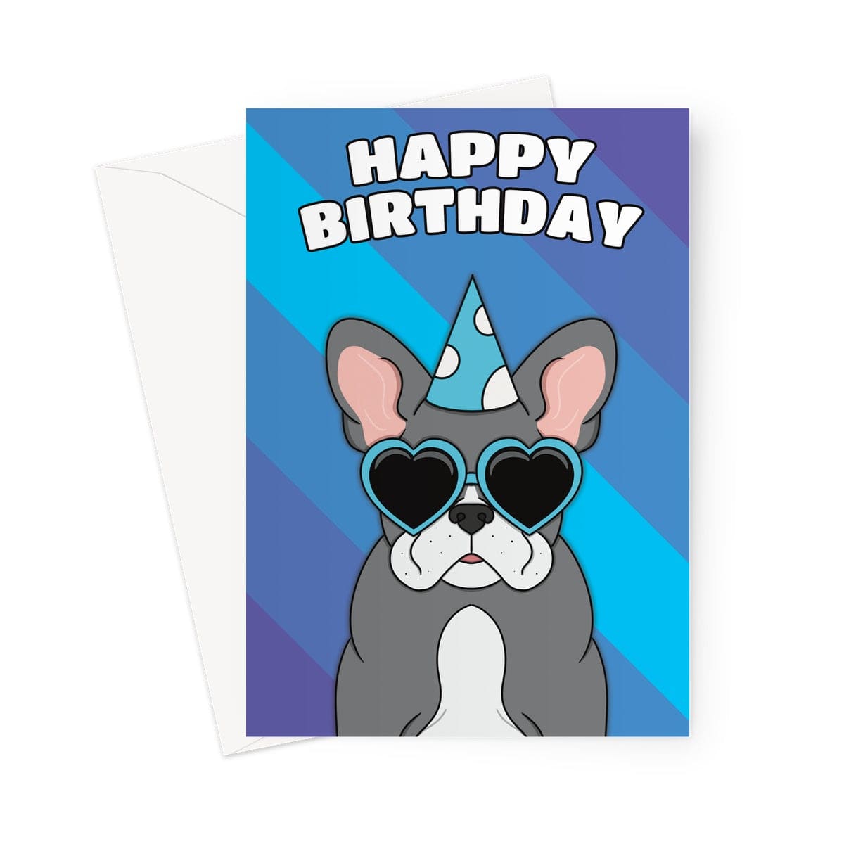 A playful and colourful birthday card featuring an adorable Frenchie Dog wearing a party hat 