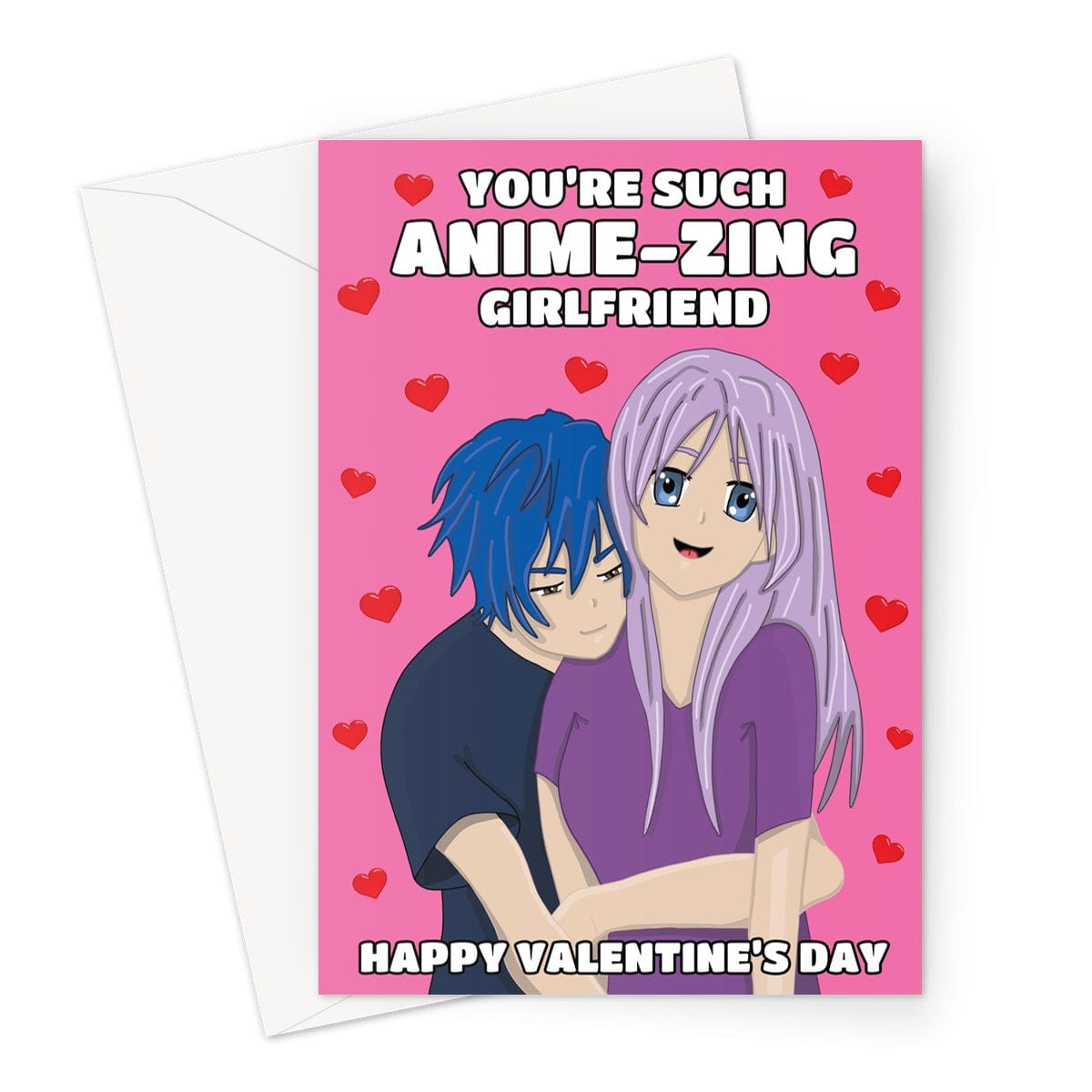 A pink valentine's day card with an anime couple hugging.