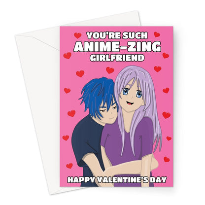 A pink valentine's day card with an anime couple hugging.