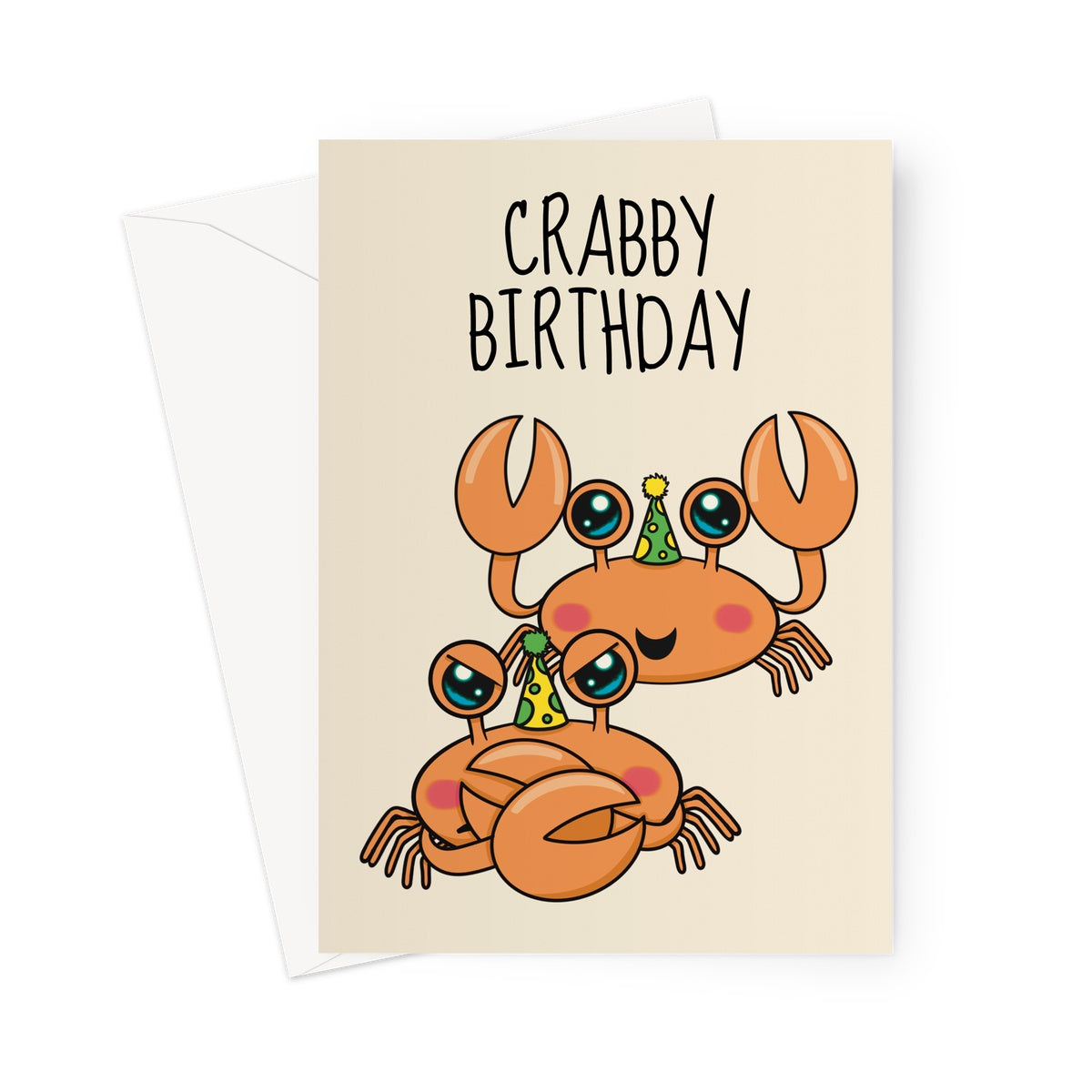 A cute grumpy crab birthday card which reads "Crabby birthday"