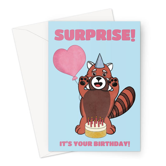 A funny birthday card with a cute surprised red panda,