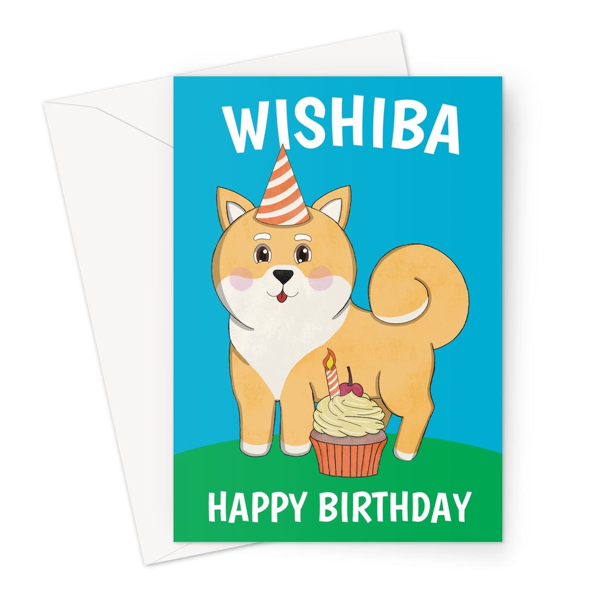 A cute shiba inu dog birthday card, illustrated in a kawaii style.