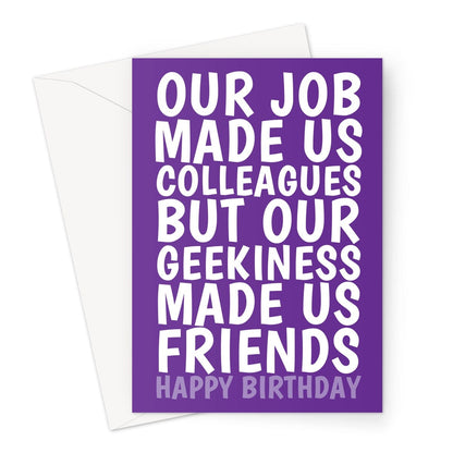 Purple typography birthday card for a geeky work colleague and friend.