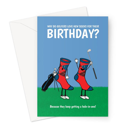 Funny golf sports themed birthday card. Hole-in-one golf socks pun.