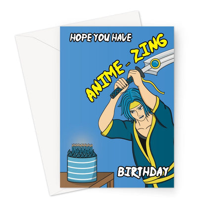 Anime birthday card with an illustration of a man cutting a cake with a sword.