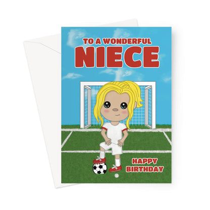 A cute woman's world cup football themed birthday card for a wonderful niece.