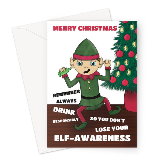 Funny drunken elf Merry Christmas card.