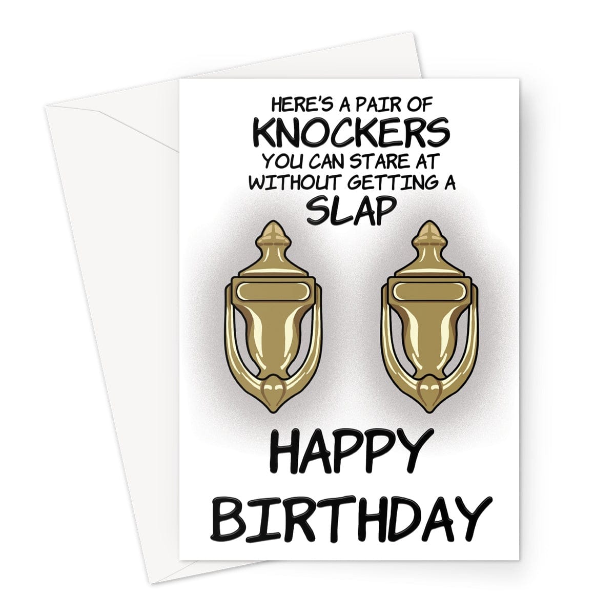 Rude and cheeky birthday card with 2 golden door knockers as boobs.